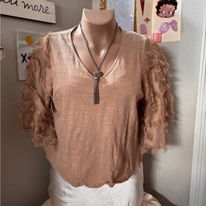 Women’s V-Neck Feather Sleeve Top in Blush